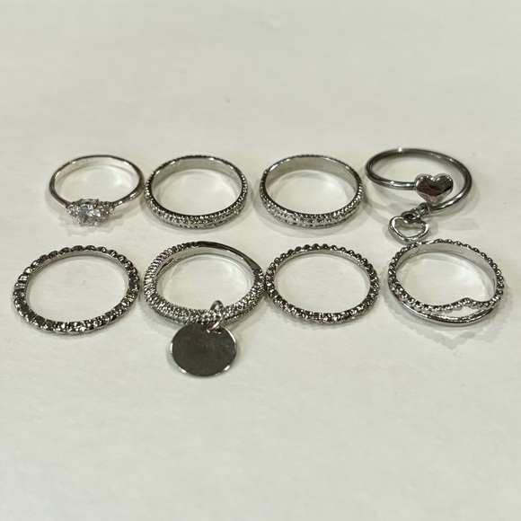 SHEIN 8-Pack Silver Stainless Steel Fashion Sparkly Shimmer Rhinestone Rings - Picture 1 of 8